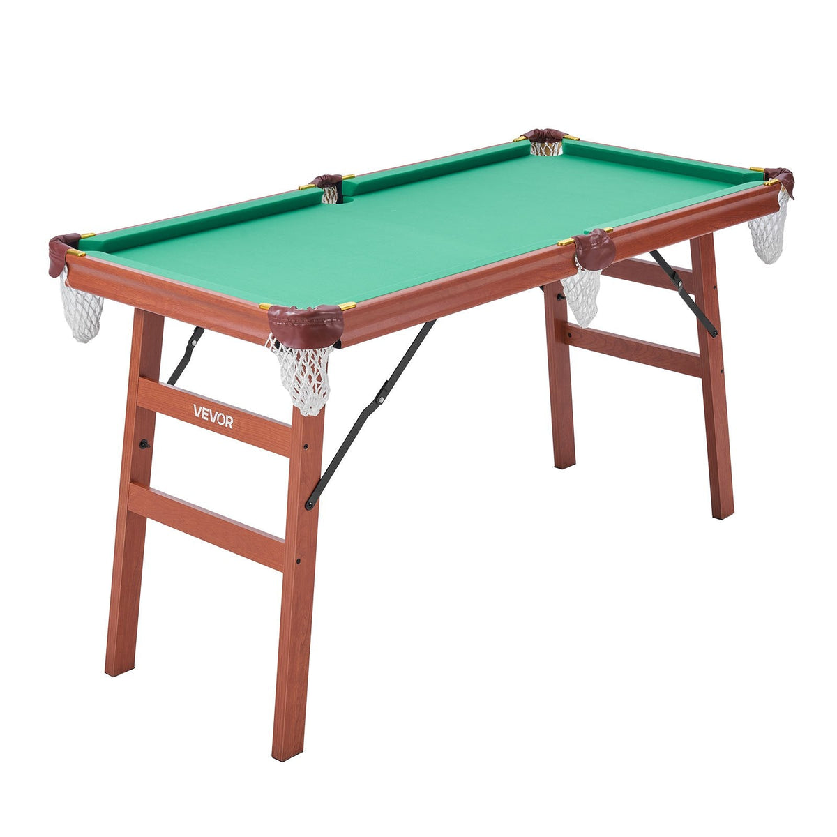 VEVOR salokāms biljarda galds 140 cm, pārnēsājams un vietu taupošs spēļu komplekts, komplektā bumbas, kijas, trijstūris, krīts un birste, brūns ar zilu audumu, piemērots ģimenes atpūtai un spēļu istabai