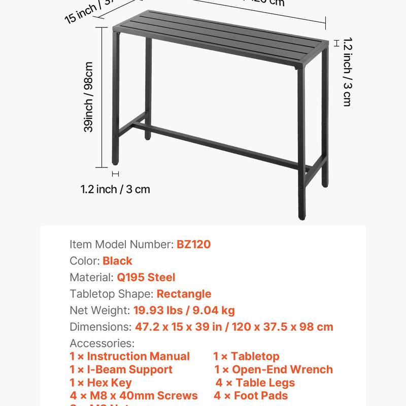 VEVOR āra bāra galds 120 × 37,5 cm, ūdensizturīga virsma un izturīgs metāla rāmis, taisnstūra letes augstuma galds balkonam, pagalmam, pie baseina vai džakuzi, piemērots arī iekštelpām