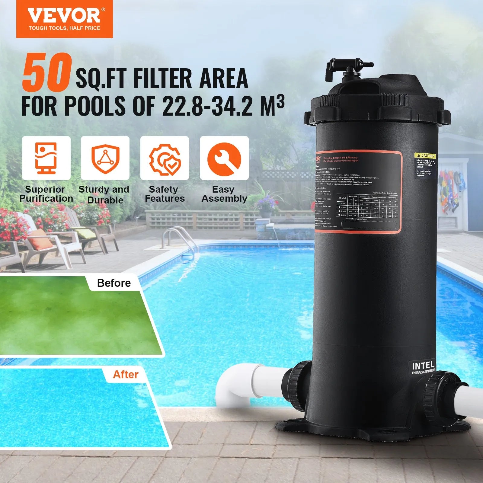VEVOR Kārtridža baseina filtrs, 4,6 m² filtrācijas laukums, filtrācijas sistēma iebūvējamam un virszemes baseinam ar uzlabotu filtru un hermētisku korpusu, piemērota karstajām vannām, SPA un piepūšamajiem baseiniem