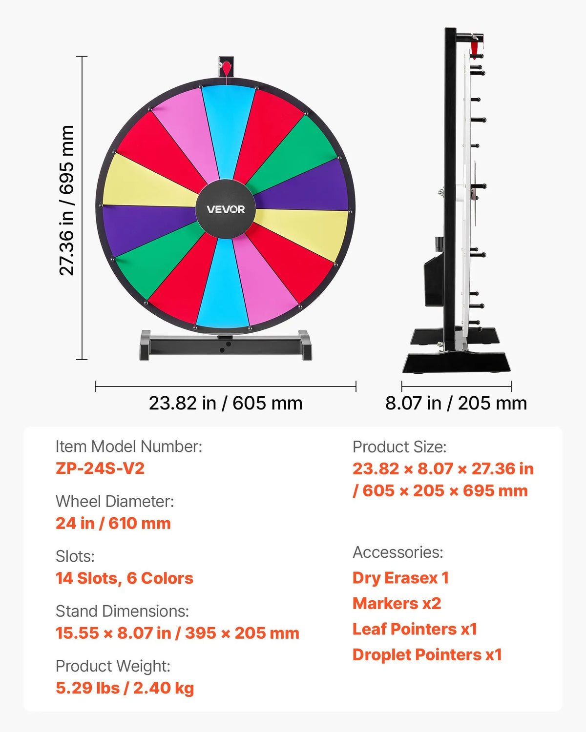 VEVOR Laimes rats 610 mm ar statīvu, 14 sektori, 6 krāsas, dzēšama virsma un 2 marķieri, galda vai grīdas lietošanai, piemērots ballītēm, izstādēm un pasākumiem
