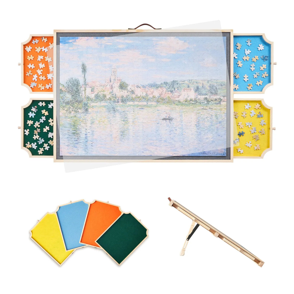 VEVOR 1000 detaļu rotējošs puzles dēlis ar 4 krāsainām filca atvilktnēm un pārsegu, 73 x 53 cm pārnēsājams koka galds, regulējams 2 slīpuma leņķos, puzļu piederumi pieaugušajiem, dzimšanas dienas dāvana mammai