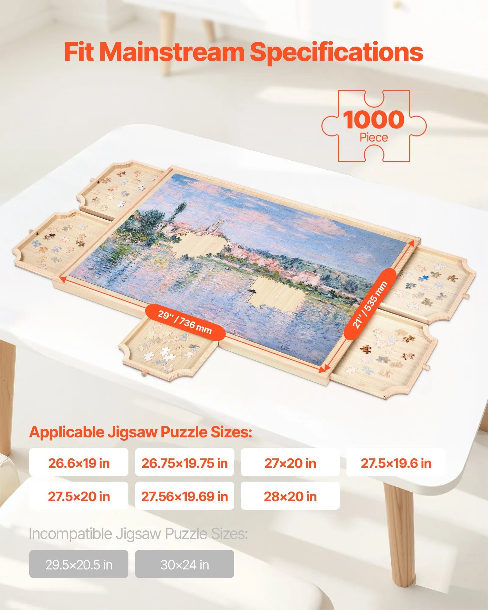 VEVOR 1000 detaļu rotējošs puzles dēlis ar 5 atvilktnēm un vāku, 74 x 53 cm pārnēsājams koka galds, puzļu organizators pieaugušajiem, uzglabāšanas sistēma, dzimšanas dienas dāvana mammai