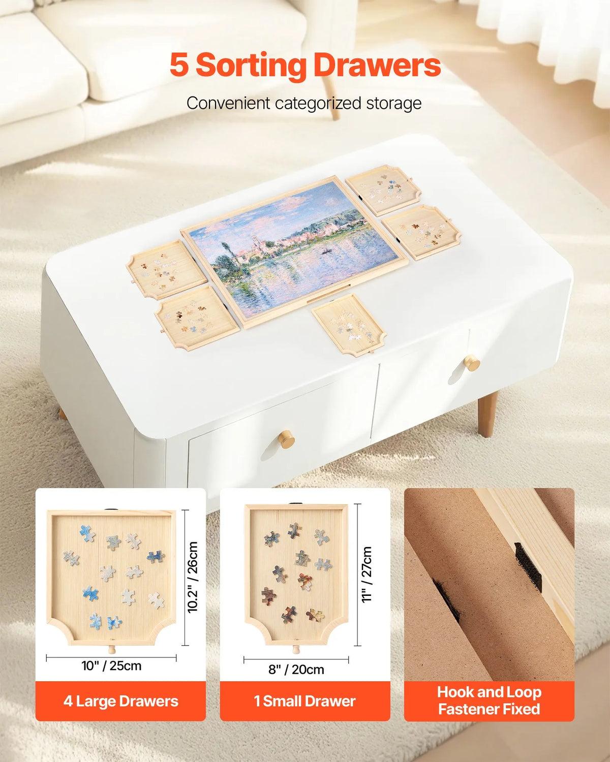 VEVOR 1000 detaļu rotējošs puzles dēlis ar 5 atvilktnēm un vāku, 74 x 53 cm pārnēsājams koka galds, puzļu organizators pieaugušajiem, uzglabāšanas sistēma, dzimšanas dienas dāvana mammai