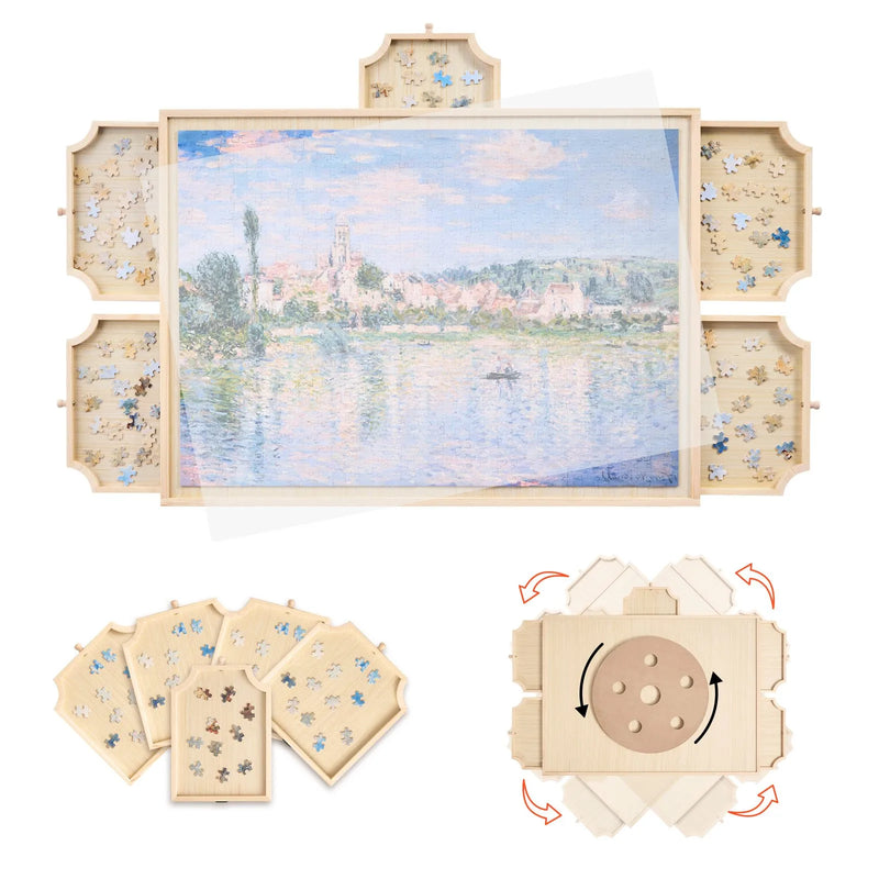 VEVOR 1000 detaļu rotējošs puzles dēlis ar 5 atvilktnēm un vāku, 74 x 53 cm pārnēsājams koka galds, puzļu organizators pieaugušajiem, uzglabāšanas sistēma, dzimšanas dienas dāvana mammai