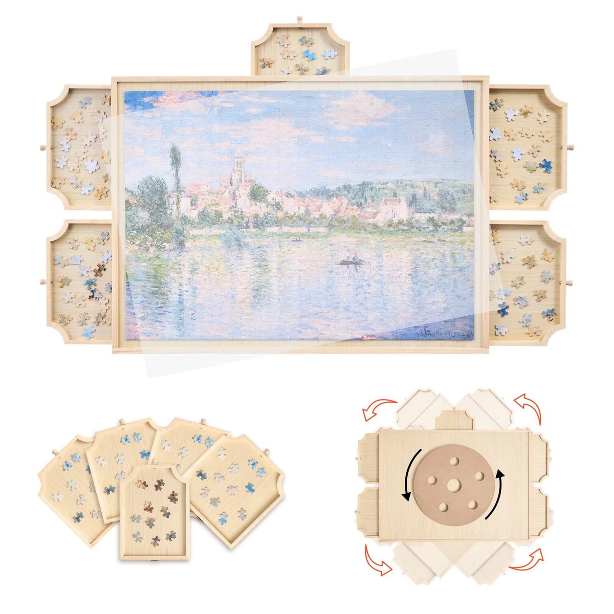 VEVOR 1000 detaļu rotējošs puzles dēlis ar 5 atvilktnēm un vāku, 74 x 53 cm pārnēsājams koka galds, puzļu organizators pieaugušajiem, uzglabāšanas sistēma, dzimšanas dienas dāvana mammai