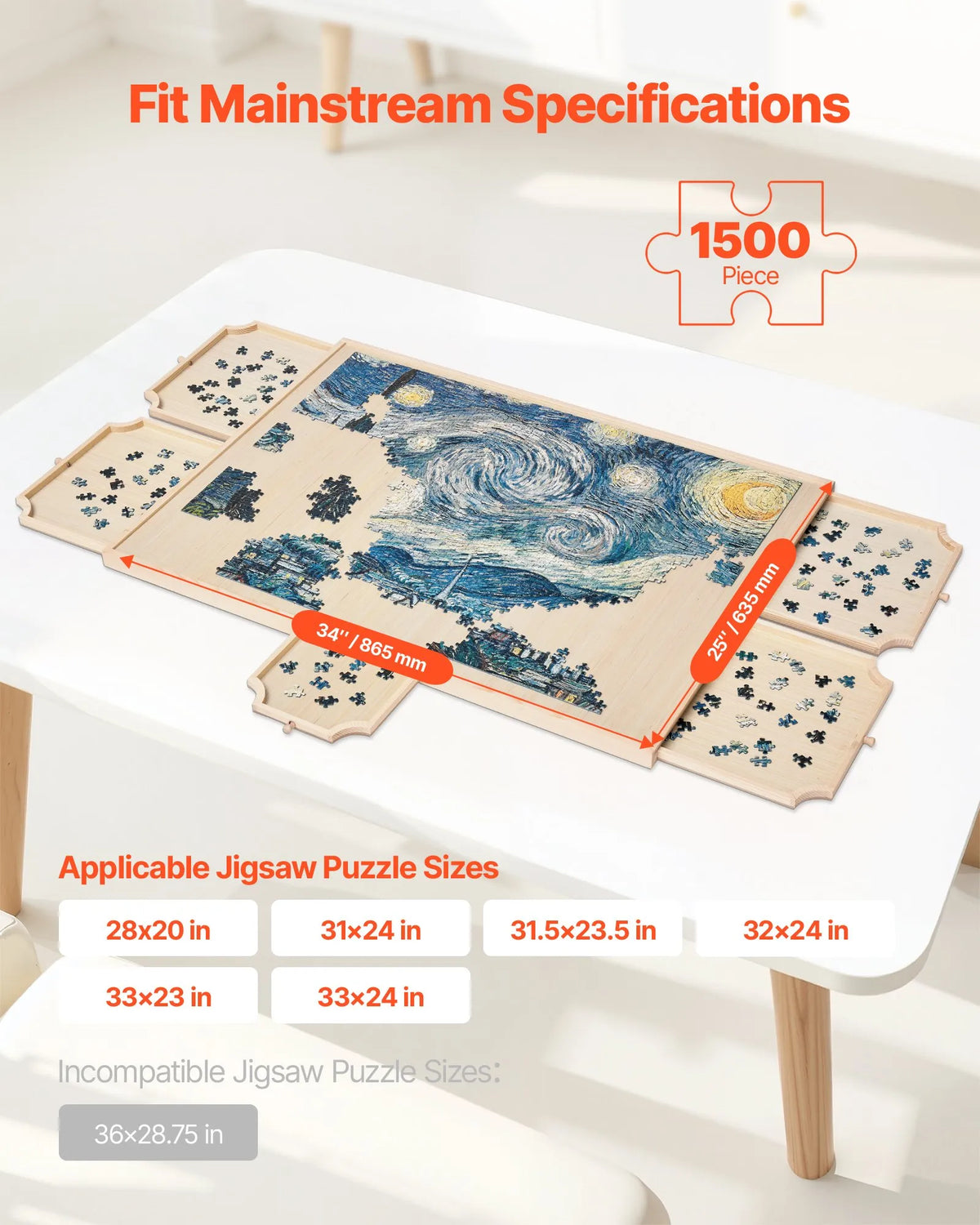 VEVOR 1500 detaļu rotējošs puzles dēlis ar 5 atvilktnēm un pārsegu, 86 x 63 cm pārnēsājams koka galds, puzļu organizators pieaugušajiem, uzglabāšanas sistēma, dzimšanas dienas dāvana mammai