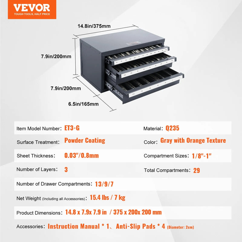 VEVOR frēžu uzglabāšanas skapis ar 3 atvilktnēm, tērauda frēžu organizators 1/8"–1" frēzēm ar marķējuma etiķetēm, sakraujams 29 nodalījumu frēžu dozatora skapis frēžu uzglabāšanai