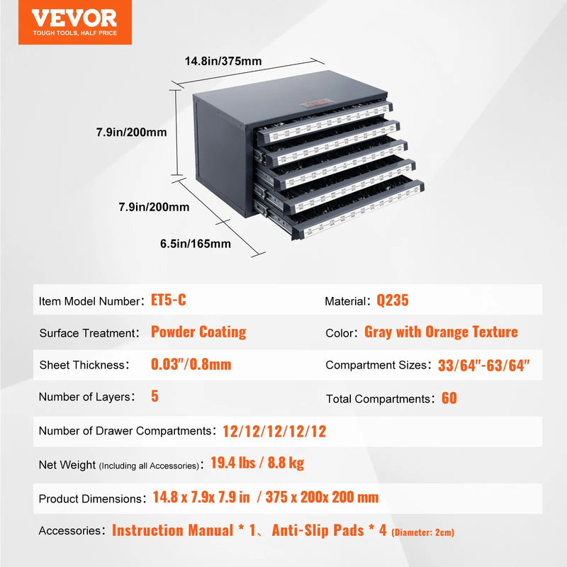 VEVOR urbju uzglabāšanas skapis ar 5 atvilktnēm, tērauda urbju organizators urbjiem 13,1–25,4 mm ar marķējuma etiķetēm, sakraujams urbju dozatora skapis urbju uzglabāšanai