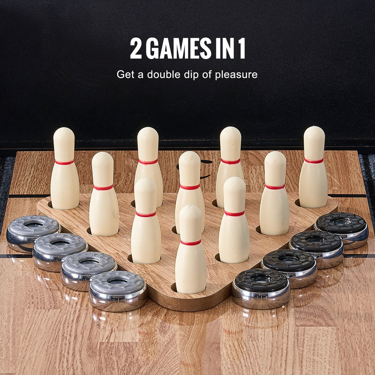 VEVOR šaflborda galds 2-vienā ar boulinga spēli, 274,3 cm šaflborda galds ģimenes spēļu telpai ar skrāpējumiem izturīgu spēles virsmu, 8 ripām, boulinga komplektu, vasku un birsti