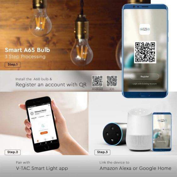 E27 7W(806Lm) LED SMART Glödlampa, V-TAC, IP20, glas, kompatibel med AMAZON ALEKSA och GOOGLE HOME, 3IN1