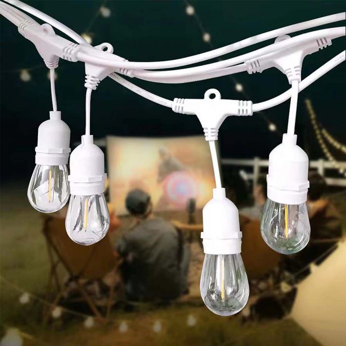 15m E27 LED bulb string, distance between bulbs 1m x15 bulbs (bulbs not included), waterproof IP65, AC220-240V, 2.75kg+bulb weight, white, with 220V socket at the end and plugs at the beginning, it is possible to connect several in series