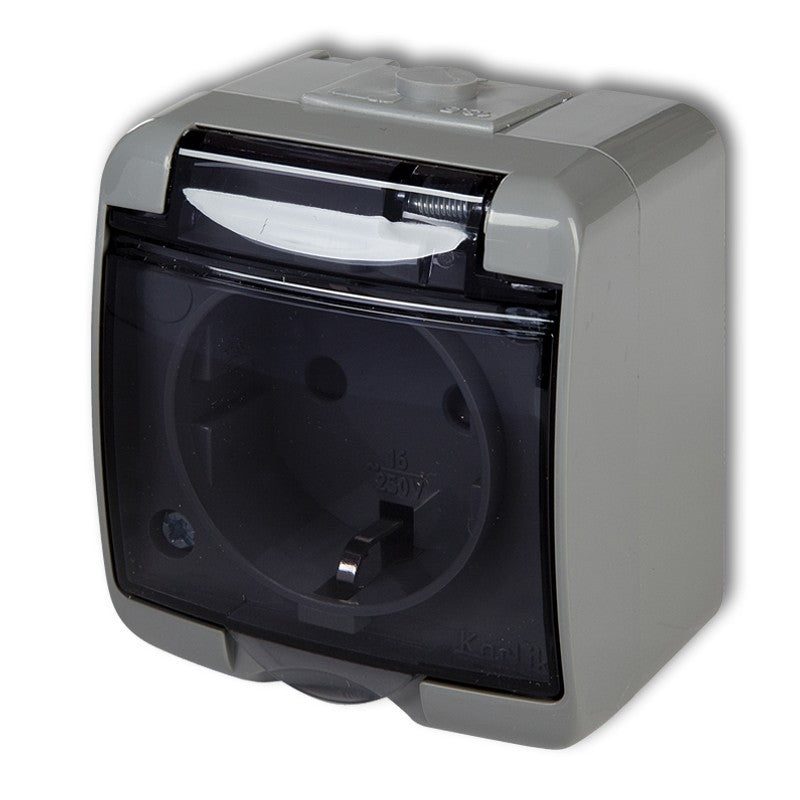 1-viet. kontaktligzda Junior ar zemējumu SCHUKO 2P+Z (caurspīdīgs pārsegs; bez bērnu aizsardzības), v/a, IP54, pelēka