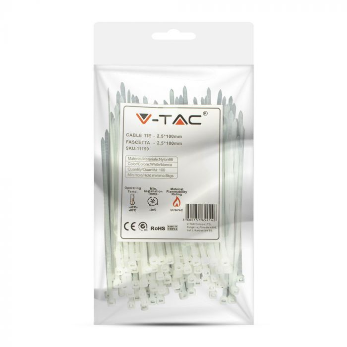 Multifunktsionaalne nailonist kaabliside 2.5x100mm (100gab), valge, V-TAC