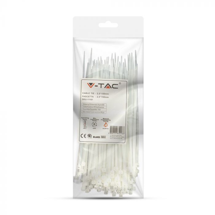 Multifunktsionaalne nailonist kaabliside 2.5x150mm (100gab), valge, V-TAC