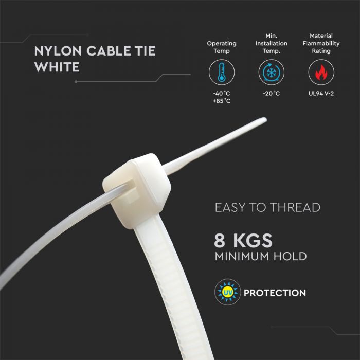 Multi-functional nylon cable tie 2.5x200mm (100 pcs), white, V-TAC