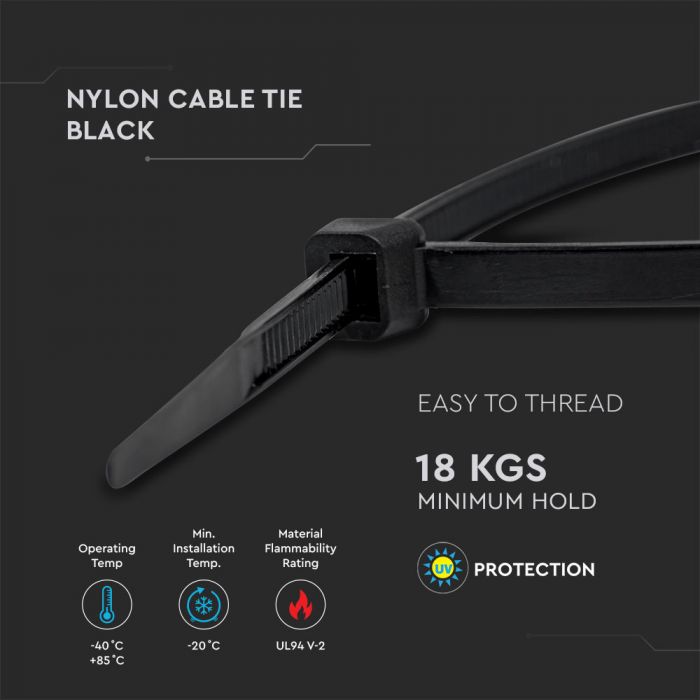 Многофункциональная нейлоновая кабельная стяжка 3,5x250 мм (100 габ), черная, V-TAC