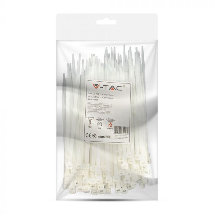 Multifunktsionaalne nailonist kaabliside 4,5x150mm (100gab), valge, V-TAC