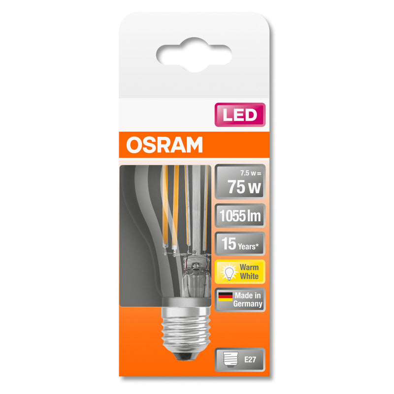 E27 7.5W(1055Lm) OSRAM LED SUPERSTAR Spuldze Filament, IP20, silti balta gaisma 2700K