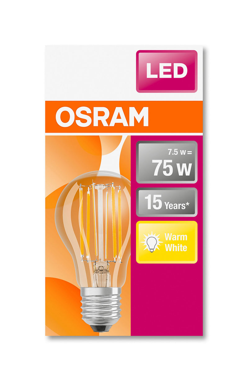 E27 7.5W(1055Lm) OSRAM LED SUPERSTAR Spuldze Filament, IP20, silti balta gaisma 2700K