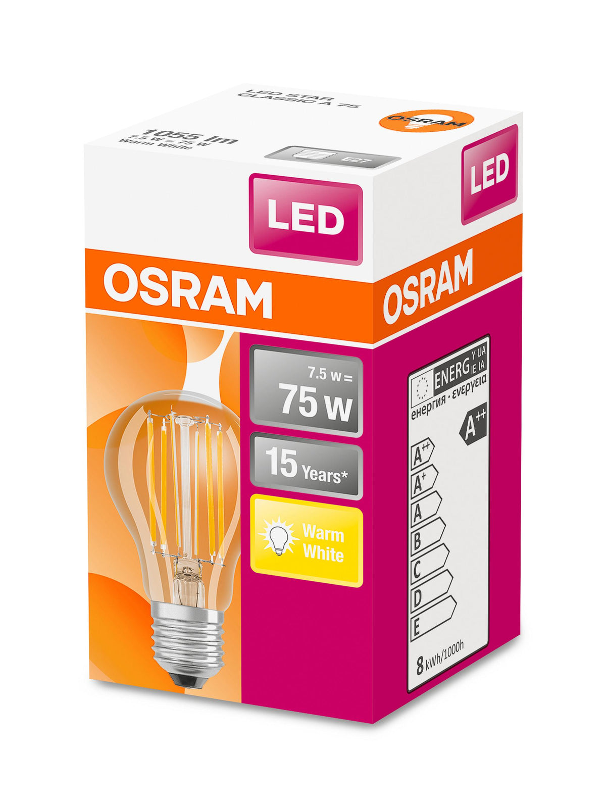 E27 7.5W(1055Lm) OSRAM LED SUPERSTAR Spuldze Filament, IP20, silti balta gaisma 2700K