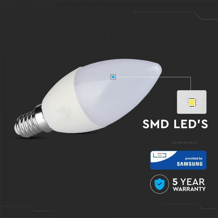 E14 7W (600Lm) LED Spuldze V-TAC SAMSUNG, sveces forma, garantija 5 gadi, auksti balta gaisma 6400K