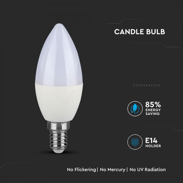 E14 7W (600Lm) LED Bulb V-TAC SAMSUNG, candle shape, warranty 5 years, cold white light 6400K