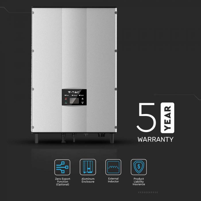 8,8 KW kolmefaasiline võrguinverter. "Verified by Distribution Grid", registreeritud kui V-TAC Exports Limited VT-6608305, saadaval valimiseks. Viieaastane garantii. IP65