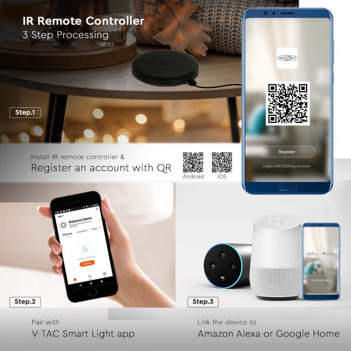 Infrared LED SMART Bulb Remote Controller, Black, IP20, Compatible with AMAZON ALEXA &amp; GOOGLE HOME