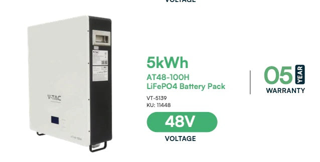 SAMPLE SALE_5kW/h or 5120W Battery with electronic LED display, V-TAC brand, 100Ah/51.2V, 5-year warranty, 7000 full charge cycles (about 19 years if charged daily)
