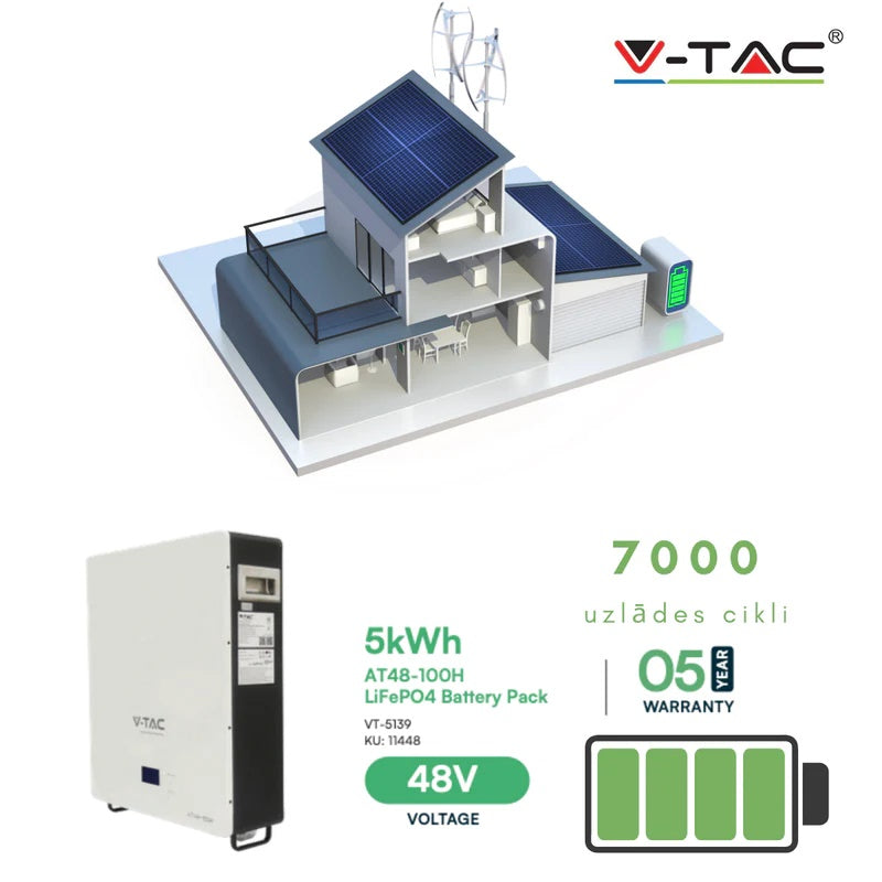 SAMPLE SALE_5kW/h or 5120W Battery with electronic LED display, V-TAC brand, 100Ah/51.2V, 5-year warranty, 7000 full charge cycles (about 19 years if charged daily)