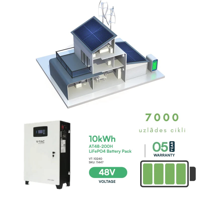 10KW hybrid växelriktarsats för solsystem, 3 faser, 5 års garanti + 10kW/h eller 10240W Batteri med elektronisk LED-display, används för hybrid solsystem, 200Ah/51,2V, V-TAC varumärke, 5 års garanti, 7000 fulla laddningscykler