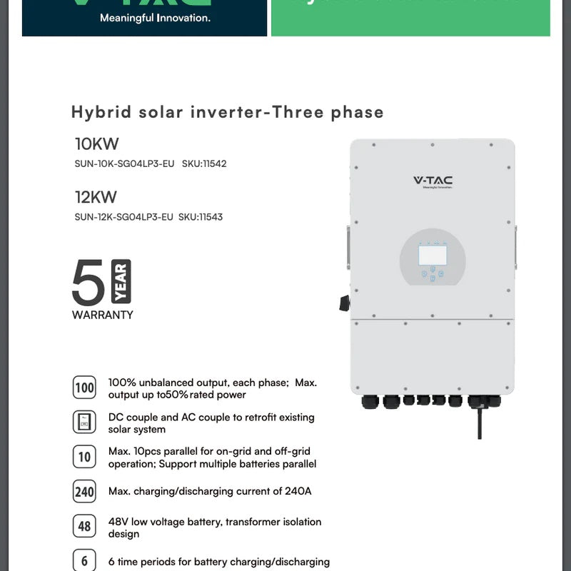 10KW hybrid växelriktarsats för solsystem, 3 faser, 5 års garanti + 10kW/h eller 10240W Batteri med elektronisk LED-display, används för hybrid solsystem, 200Ah/51,2V, V-TAC varumärke, 5 års garanti, 7000 fulla laddningscykler