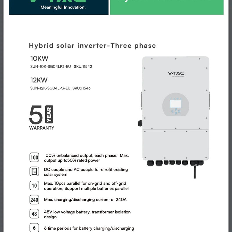 Гибридный инвертор DEYE 12KW для солнечной системы, проверено "Sadales Tīkla", SKU:11543 3 фазы, 5 лет гарантии, 380VAC, бренд V-TAC, IP65, LCD дисплей, для 3шт. батарей 10кВт/ч или 6шт. 5кВт/ч, зарядка 240А