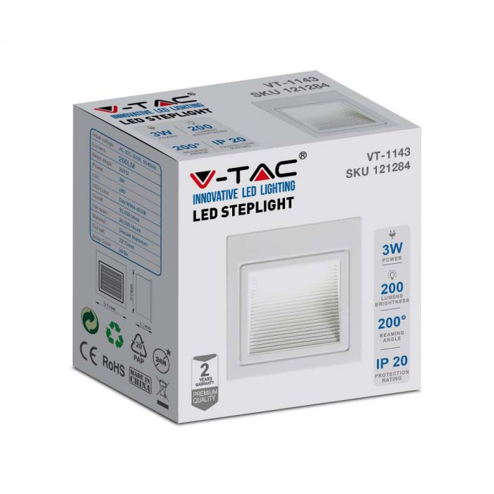 3W(200Lm) LED Kāpņu gaismeklis, V-TAC, kvadrāta, balts, IP20, neitrāli balta gaisma 4000K