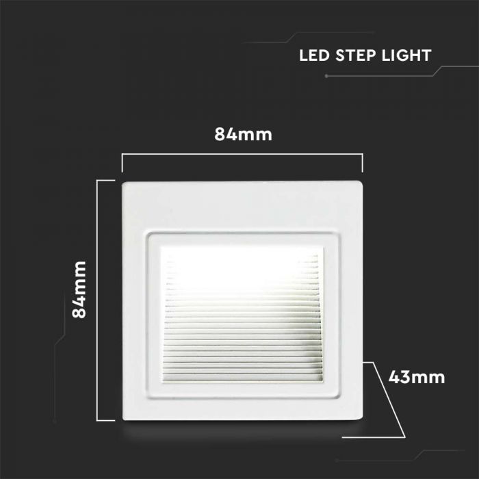 3W(200Lm) LED Kāpņu gaismeklis, V-TAC, kvadrāta, balts, IP20, neitrāli balta gaisma 4000K