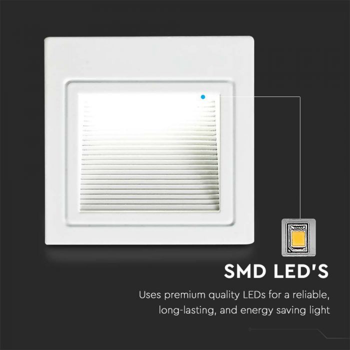 3W(200Lm) LED Kāpņu gaismeklis, V-TAC, kvadrāta, balts, IP20, neitrāli balta gaisma 4000K