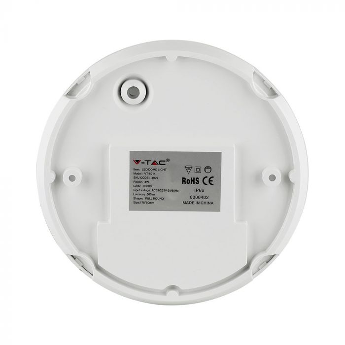 8W(560Lm) LED plafons, balts, apaļš, IP54, V-TAC, neitrāli balta gaisma 4500K