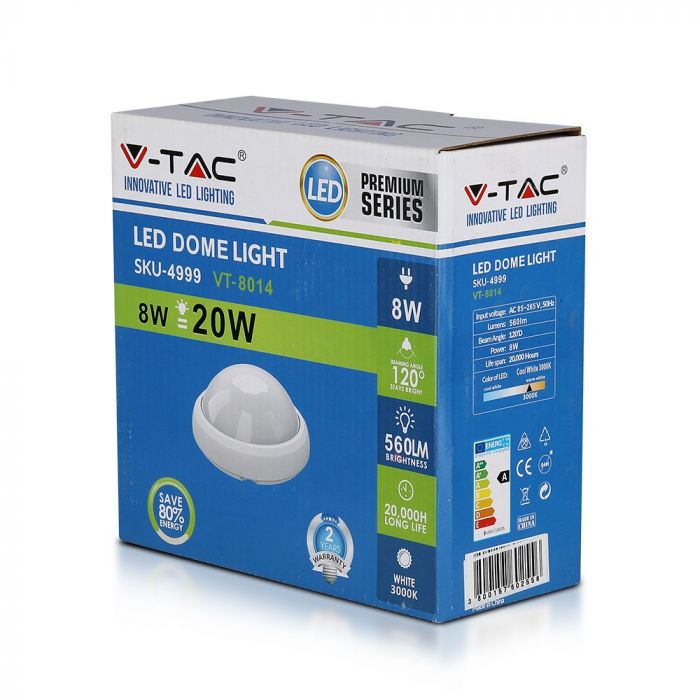 8W(560Lm) LED plafons, balts, apaļš, IP54, V-TAC, neitrāli balta gaisma 4500K