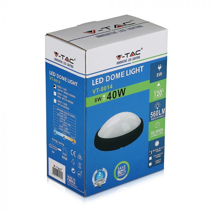8W(560Lm) LED ceiling, oval, black, IP54, V-TAC, warm white light 3000K