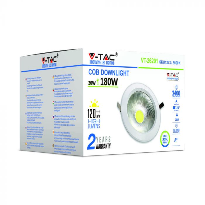 Paraugu izpārdošana 20W(2400Lm) LED COB iebūvējams Griestu gaismeklis, V-TAC, IP20, auksti balta gaisma 6000K