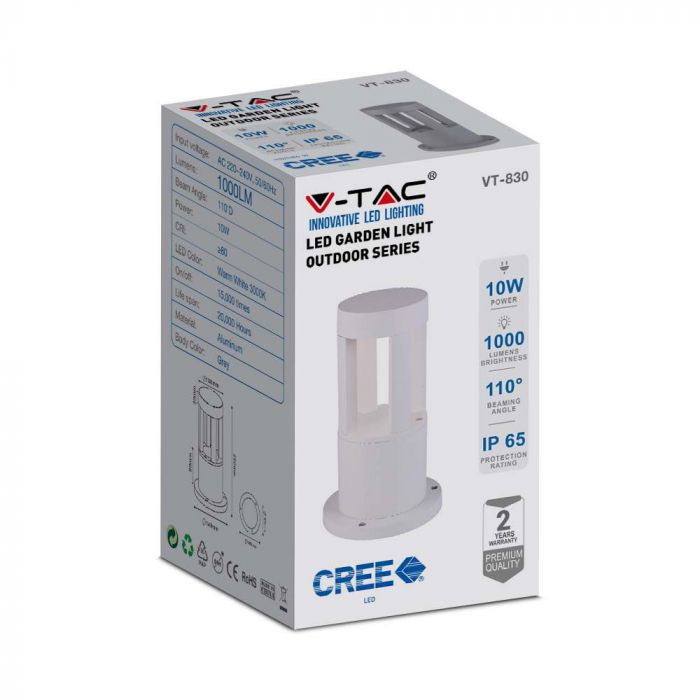 10W(1000Lm) LED uz virsmas montējams dārza gaismeklis, 25cm, V-TAC, IP65, balts, auksti balta gaisma 6400K