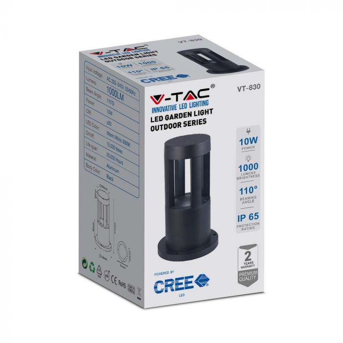 10W(1000Lm) LED uz virsmas montējams dārza gaismeklis, 25cm, V-TAC, IP65, melns, auksti balta gaisma 6400K