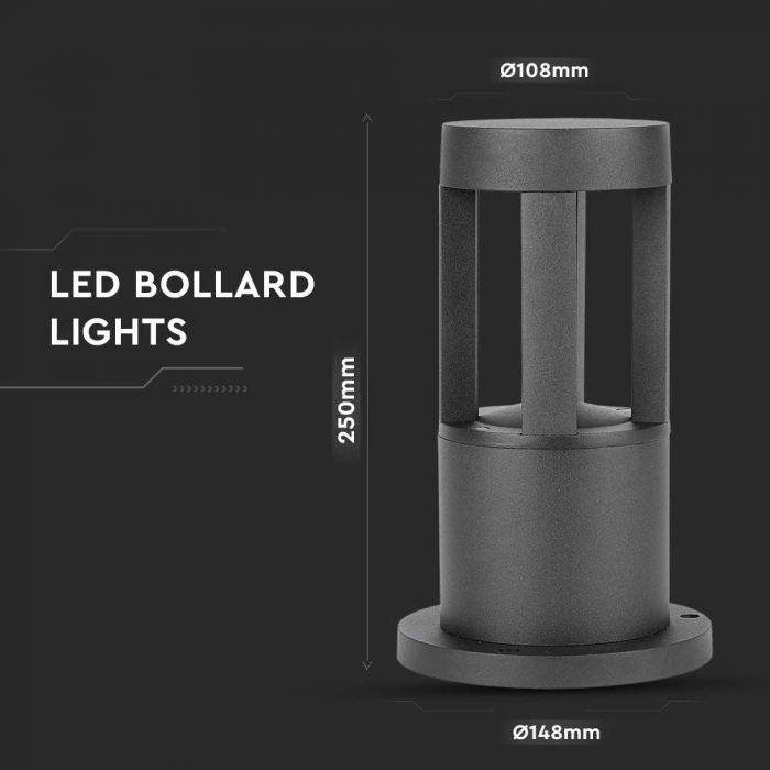 10W(1000Lm) LED светильник садовый накладной, 25см, V-TAC, IP65, черный, теплый белый свет 3000K