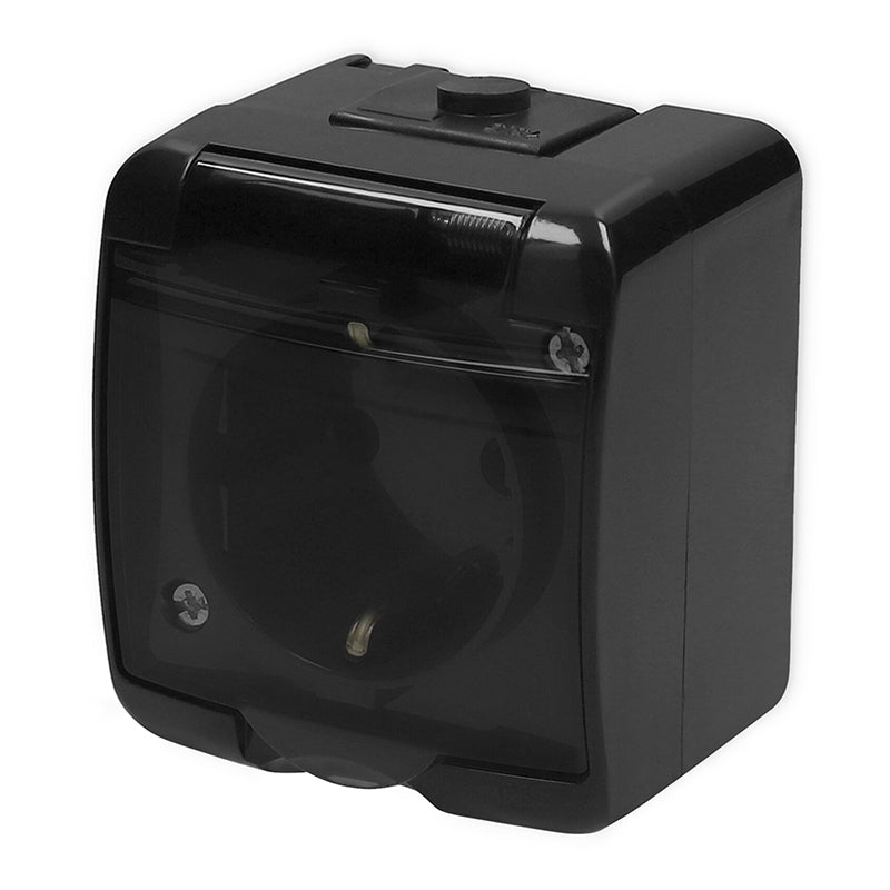 1 pistikupesa Junior maandusega SCHUKO 2P+Z (läbipaistev kate; ilma lastekaitseta), v/a, IP54, must