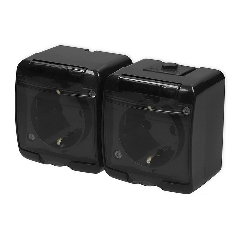 2-poolne pistikupesa Junior maandusega SCHUKO 2x(2P+Z) (läbipaistev kate; ilma lastekaitseta), v/a, IP54, must