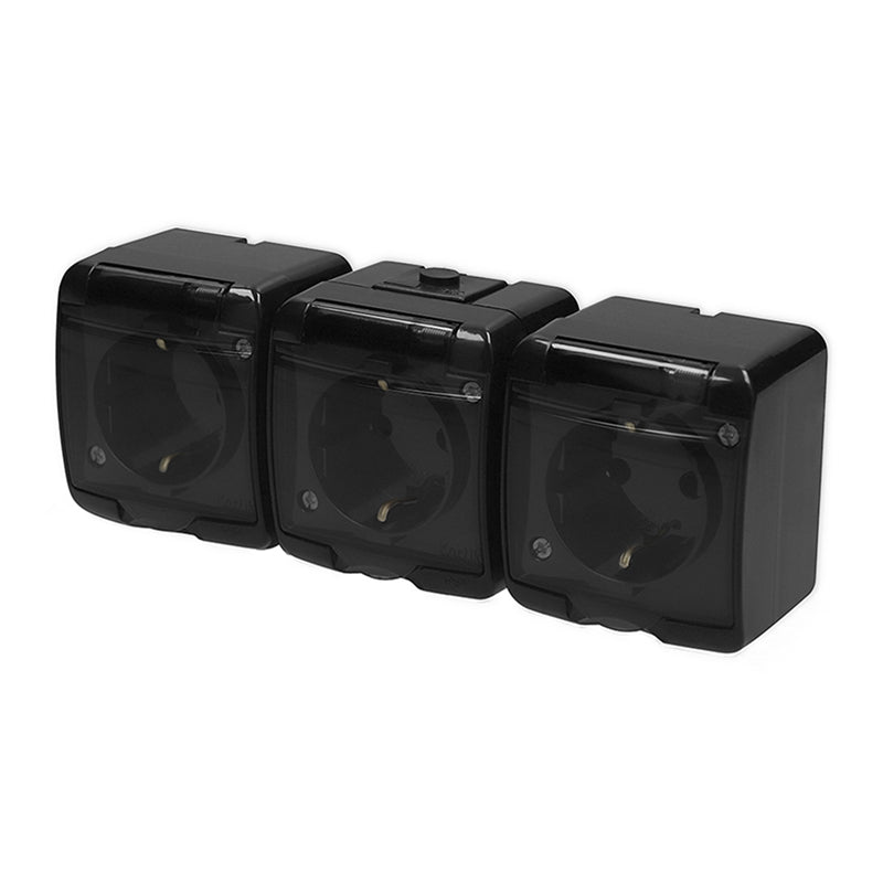 3-poolne pistikupesa Junior maandusega SCHUKO 2x(2P+Z) (läbipaistev kate; ilma lastekaitseta), v/a, IP54, must