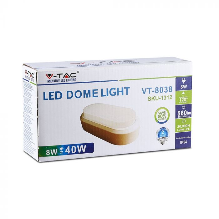 8W(560Lm) LED plafons, ovāls, balts, IP54, V-TAC, neitrāli balta gaisma 4000K