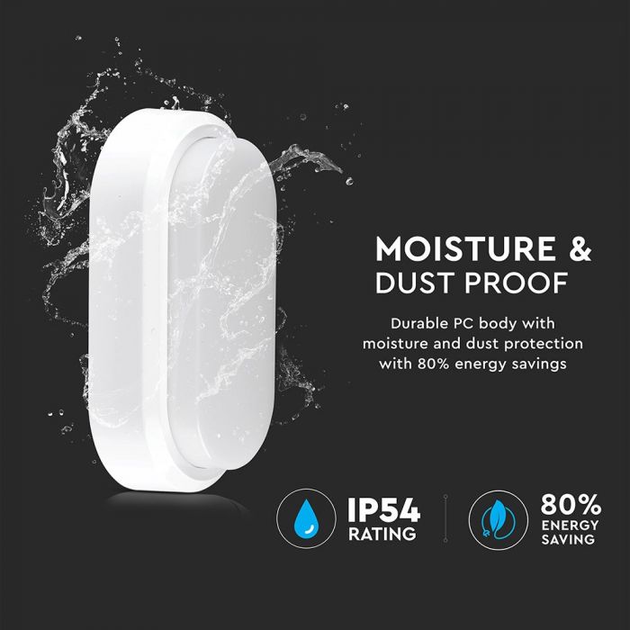 8W(560Lm) LED plafons, ovāls, balts, IP54, V-TAC, neitrāli balta gaisma 4000K