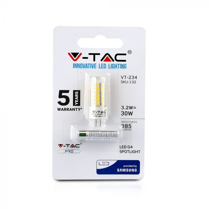 G4 3.2W(385Lm) LED Bulb V-TAC SAMSUNG CHIP, warranty 5 years, neutral white light 4000K