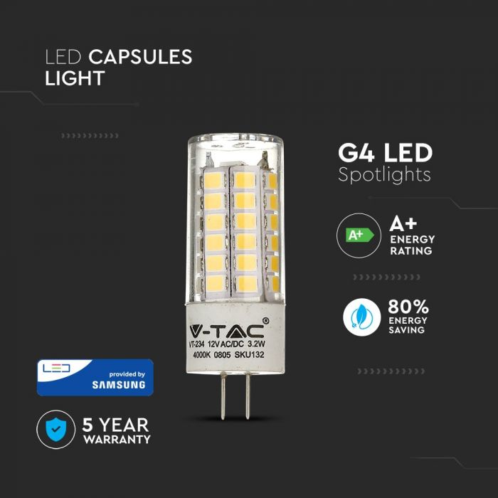 G4 3.2W(385Lm) LED Bulb V-TAC SAMSUNG CHIP, warranty 5 years, cold white light 6400K